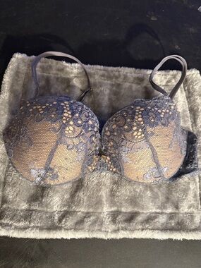 Victoria's Secret Battleship Grey Lace Overlay Bra on Nude Base